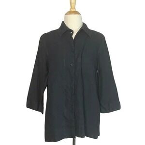 FLAX Women Small Black 3/4 Sleeve Button‎ Up Linen Tunic Top Beachy Boho Natural